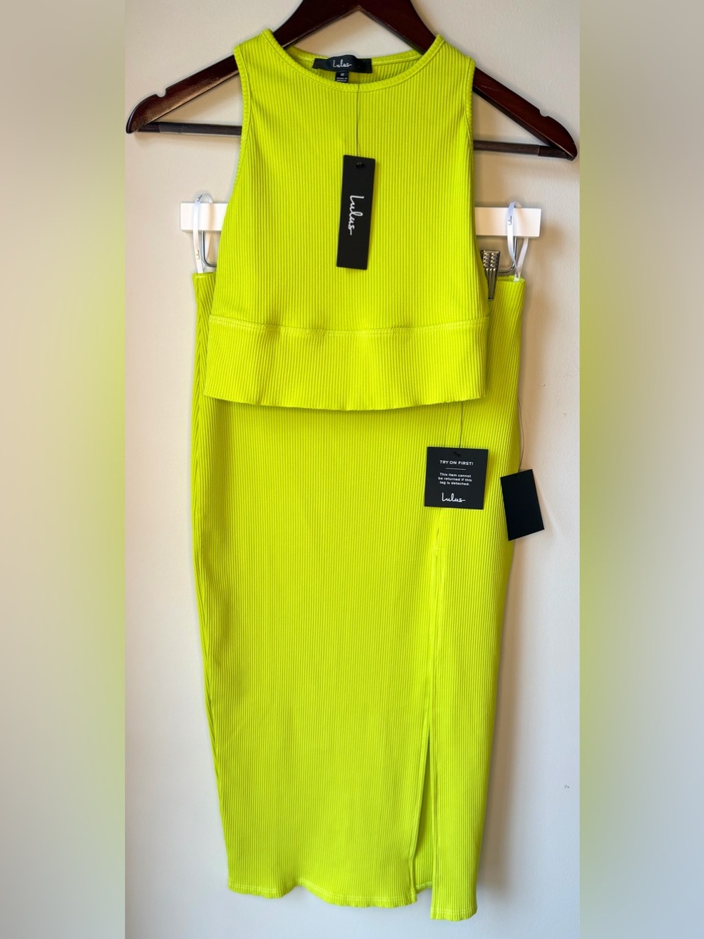 Lulus Absolute Edge Lime Green Ribbed Two Piece Midi Set Size M NWT